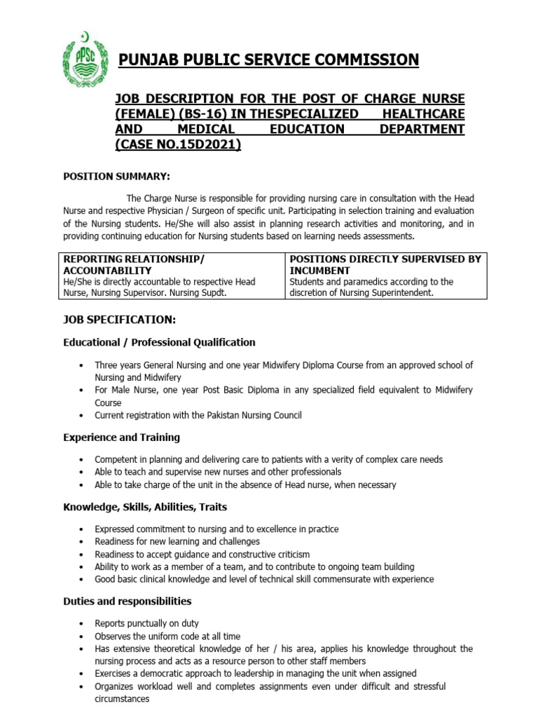 Charge Nurse Job Description in Pakistan | PDF | Nursing | Patient