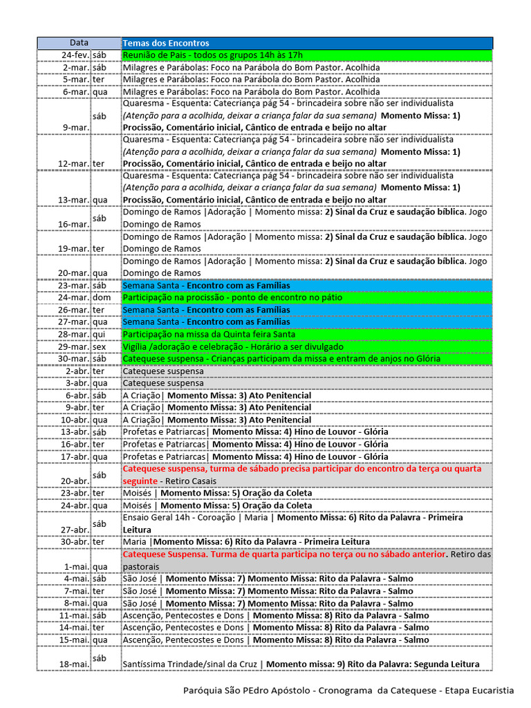 Eucaristia 2024 Cronograma Pdf Eucaristia Oração