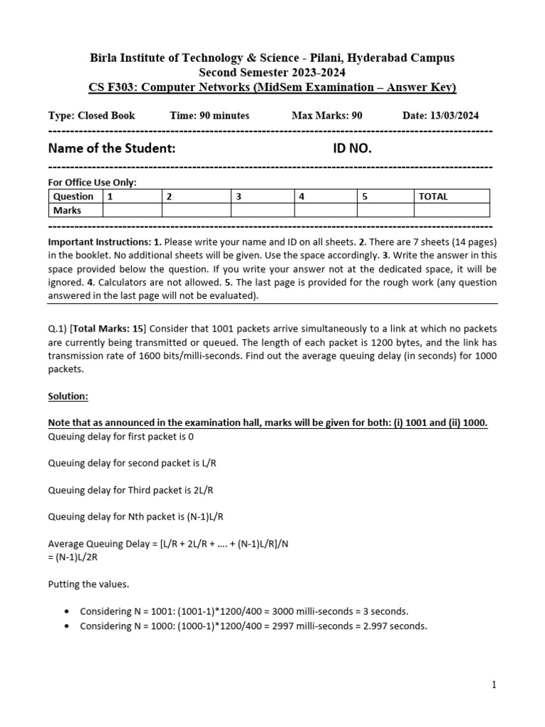 Computer Networks MidSem Answer Key | PDF | Transmission Control ...