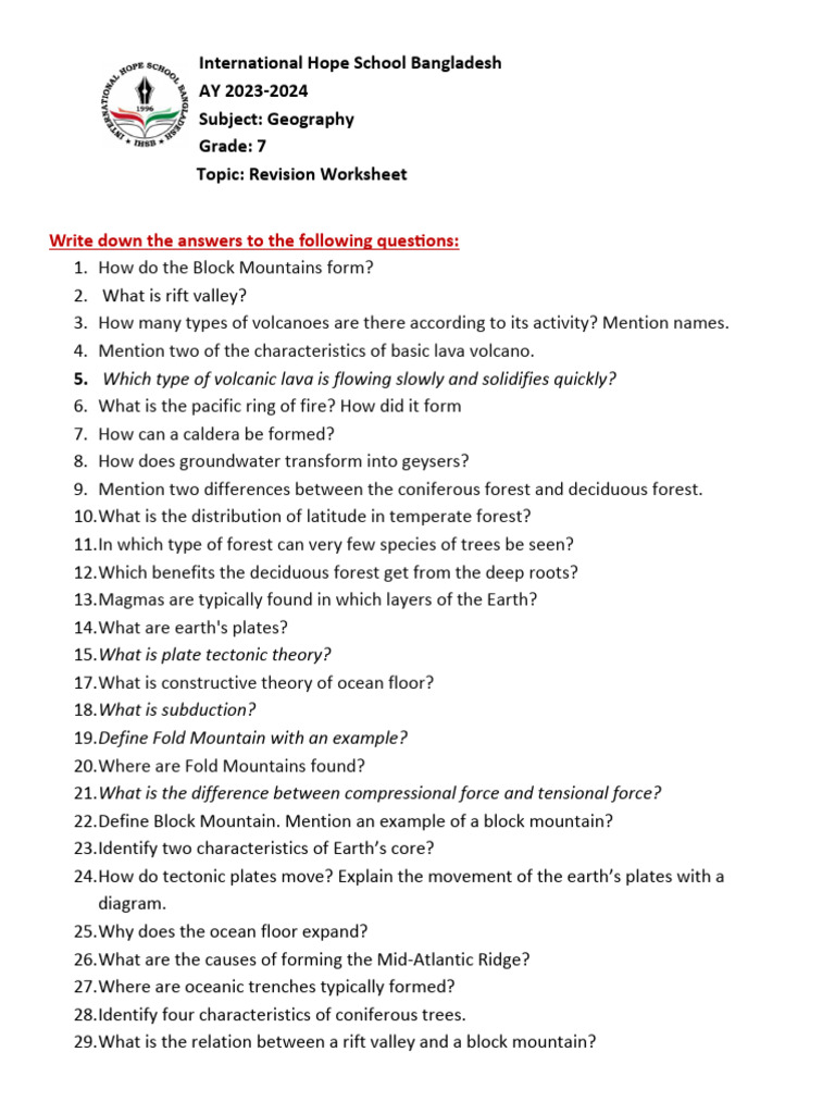 Grade 7 Geography Revision Worksheet | PDF | Volcano | Plate Tectonics