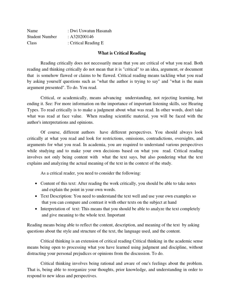 Understanding Critical Reading Skills | PDF | Thought | Critical Thinking