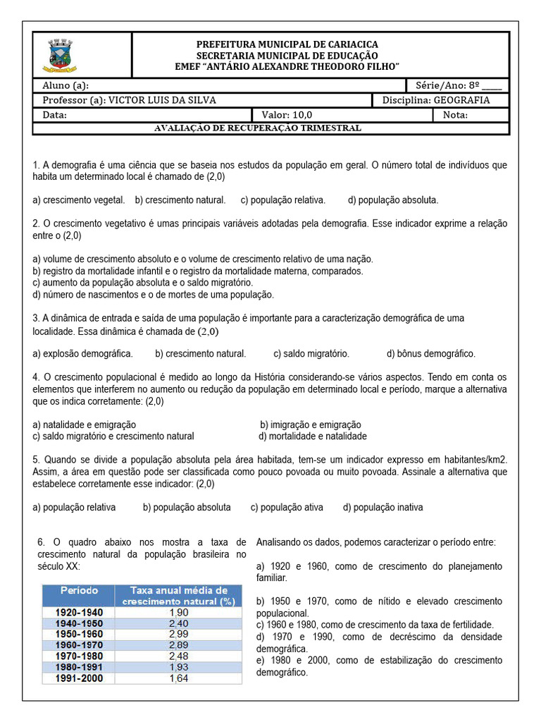 Avaliação de Demografia para 8º Ano | PDF | População mundial | Demografia