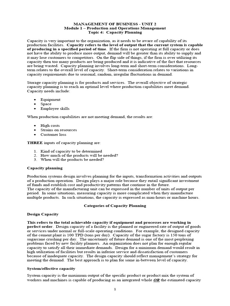Capacity Planning Module 1 Pdf Capacity Utilization Labour