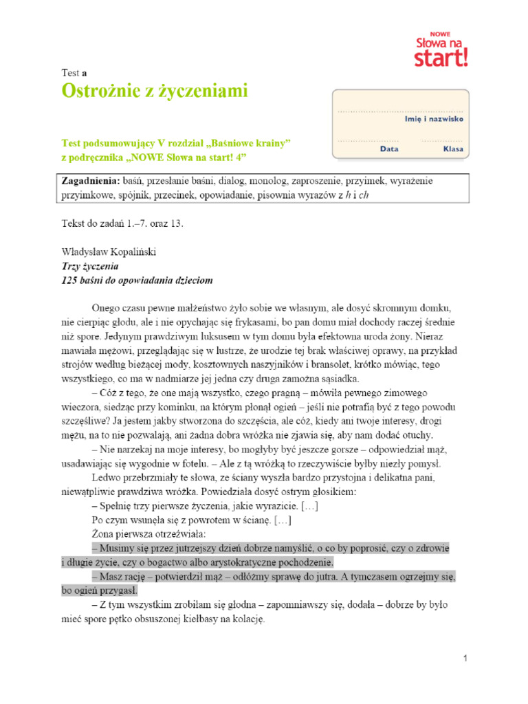 Klasa 4 Nowe Słowa Na Start Test A Ostrożnie Z Życzeniami. Test Podsumowujący V Rozdział Baśniowe