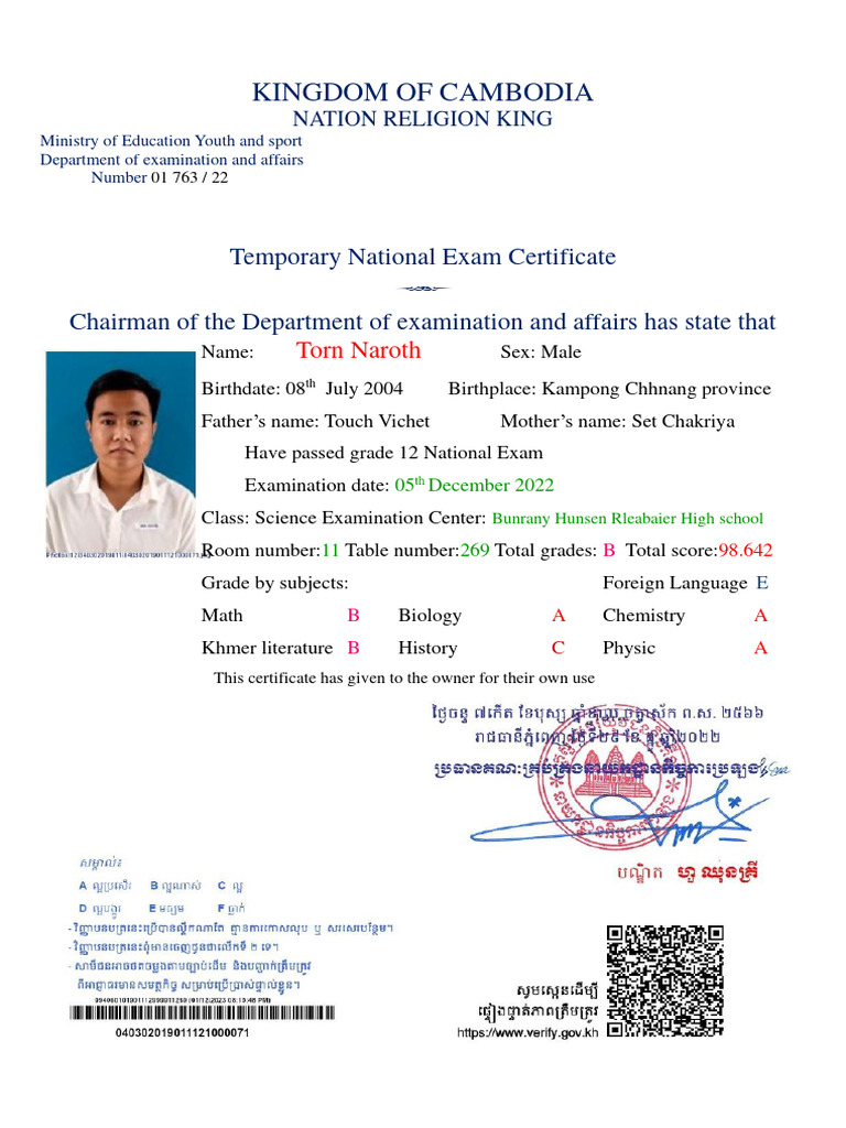 Grade 12 Exam Certificate - Torn Naroth | PDF