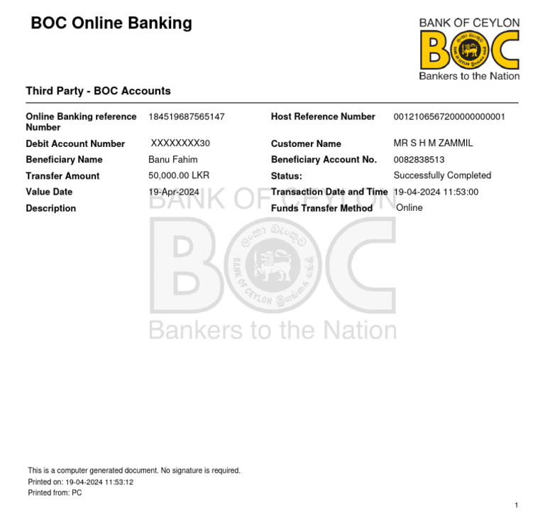 BOC Online Banking Transfer Receipt | PDF