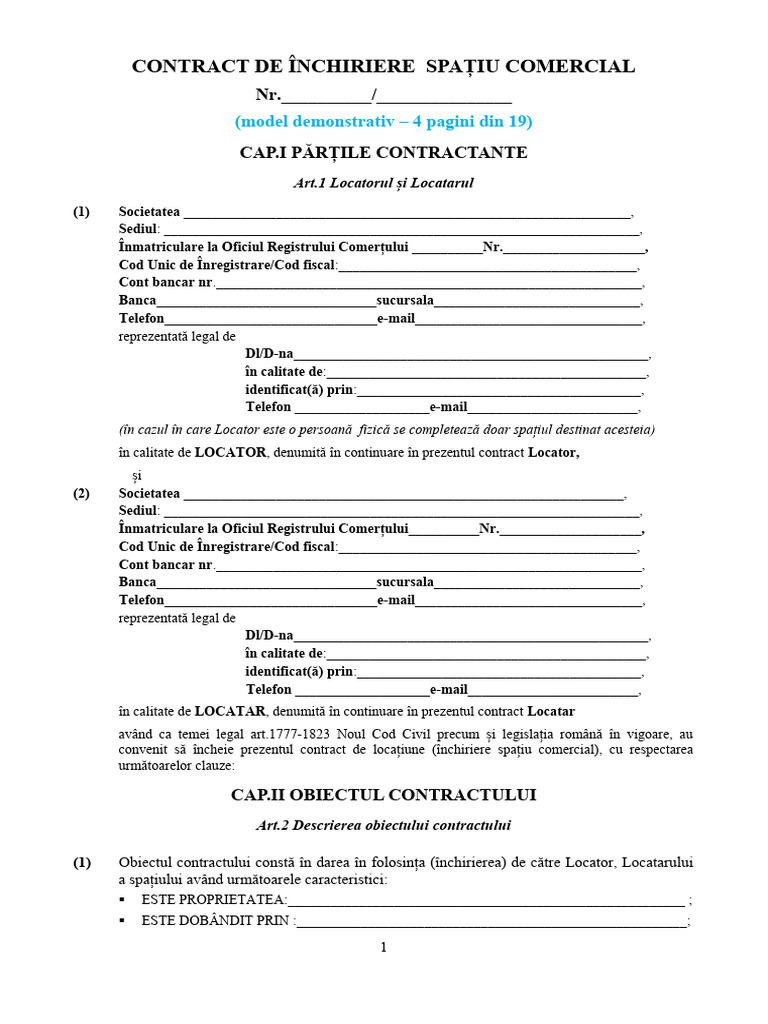 Demo Contract de Inchiriere Spatiu Comercial | PDF