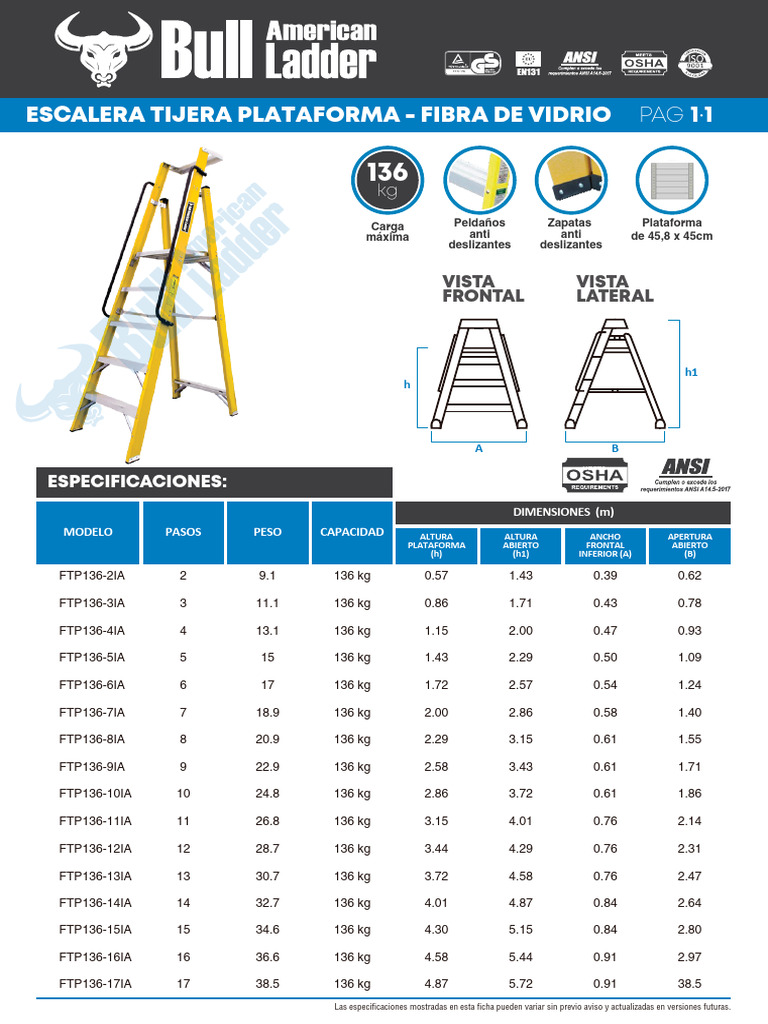 FT Bull Escalera Fibra Tijera Plataforma 136kg2 | PDF