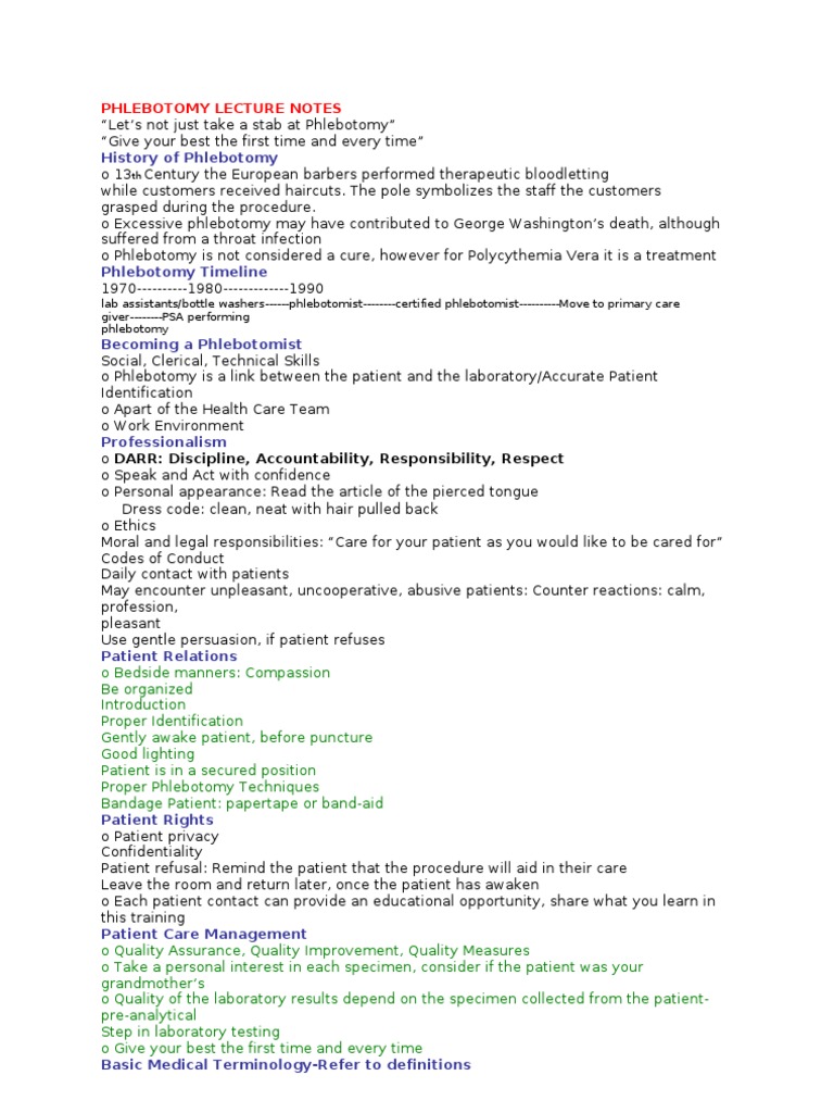 Phlebotomy Lecture Notes | PDF