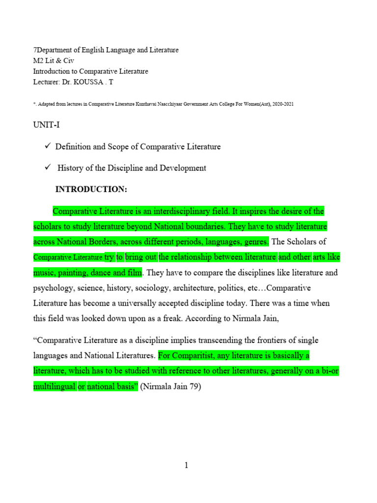 Comparative Literature 1 | PDF | Liberal Arts Education