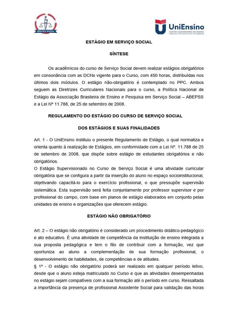 ESTÁGIO EM SERVIÇO SOCIAL Regulamento 2024 | PDF | Sociologia ...
