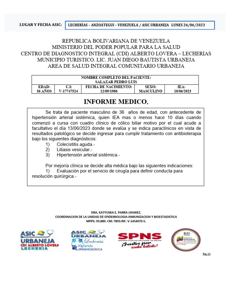 Informe médico de hipertensión y colecistitis | PDF