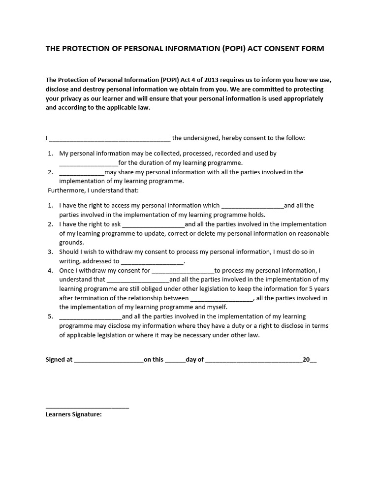 POPI Act Consent Form Template | PDF | Career & Growth | Business