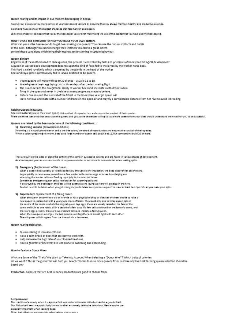 QUEEN Rearing In Kenya PDF Honey Bee Beekeeping