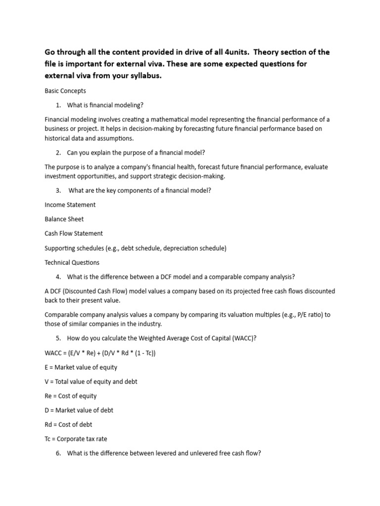 Financial Modeling Imporatnt Question For Viva | PDF | Discounted Cash ...