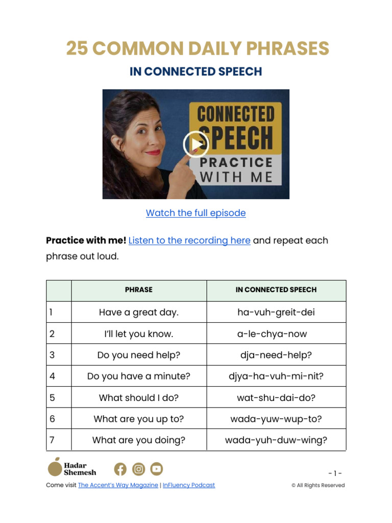 Practice Connected Speech With 25 Daily Phrases Freebie Pdf