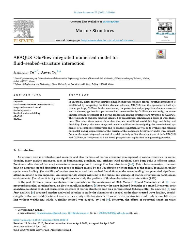 Abaqus olaflow integrated numerical model for f luid seabed structure