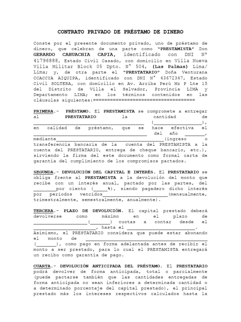 Contrato Privado - Prestamo de Dinero | PDF | Pagos | Jurisdicción