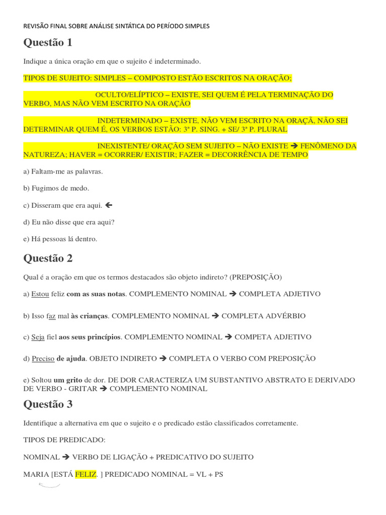 Revisão Final Sobre Análise Sintática Do Período Simples | PDF ...