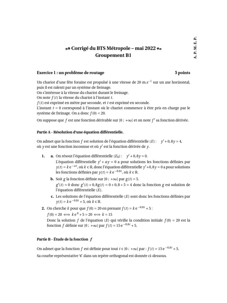 Corrigé BTS Métropole 2022 : Mathématiques | PDF | Théorie des ...