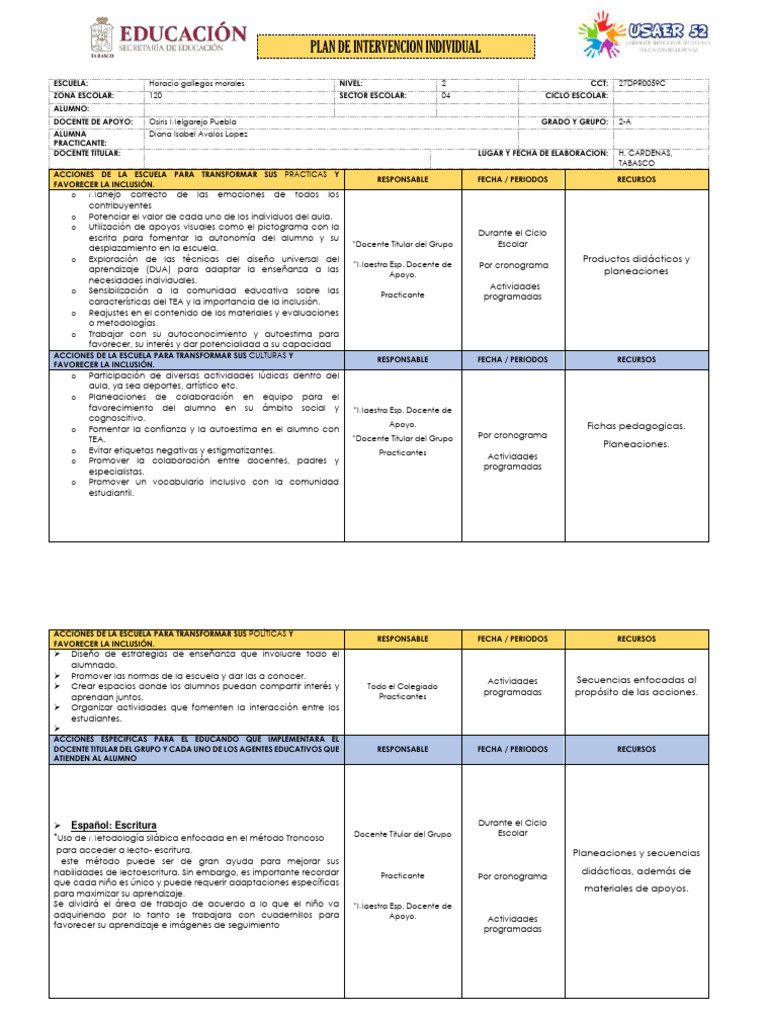 Ejemplo de Plan de Intervención Escolar | PDF | Enseñando | Inclusión ...