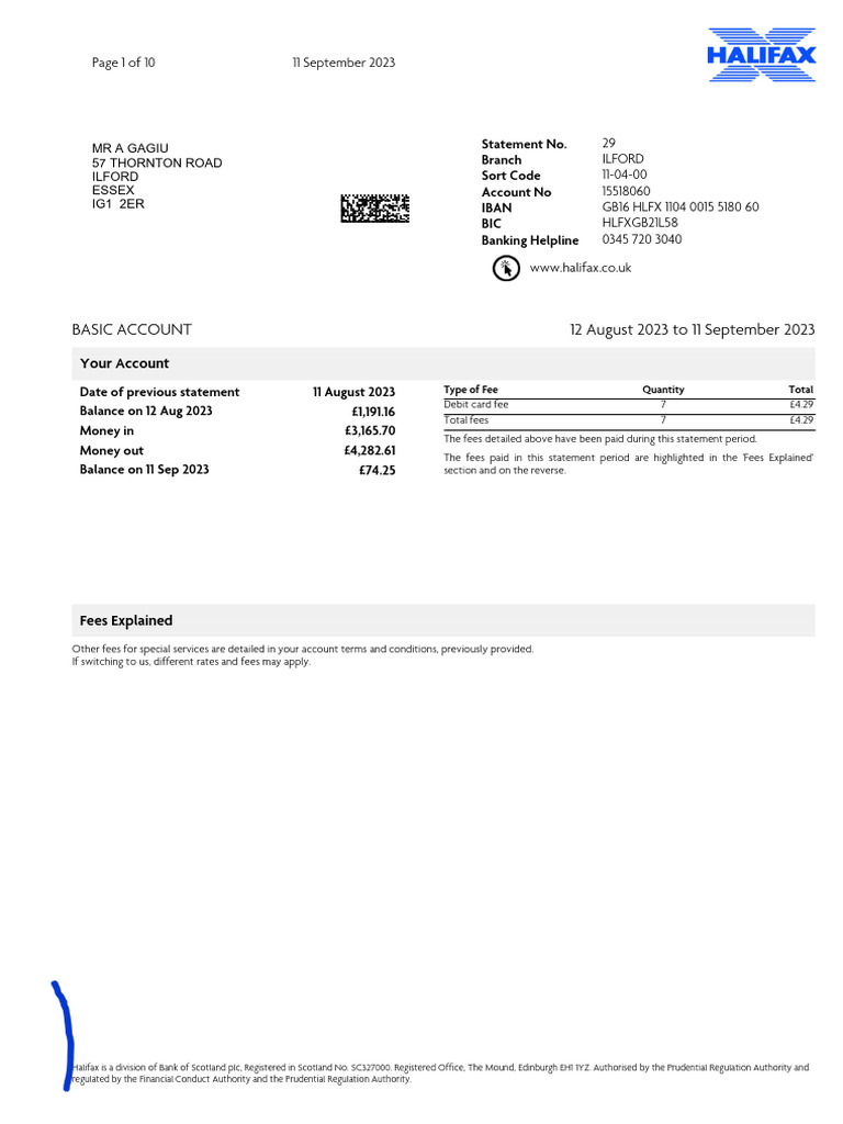 Halifax Basic Account Statement Summary | PDF | Transaction Account | Cash