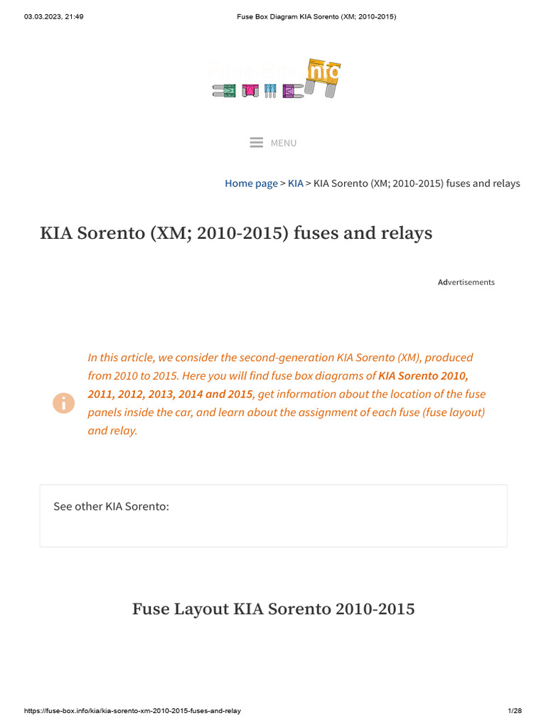 KIA Sorento 2010-2015 Fuse Diagrams | PDF | Relay