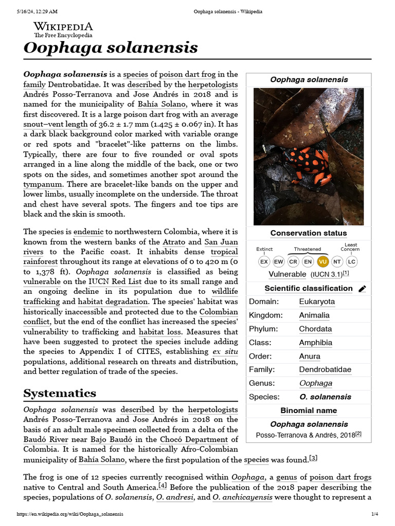 Oophaga solanensis: Vulnerable Dart Frog | PDF