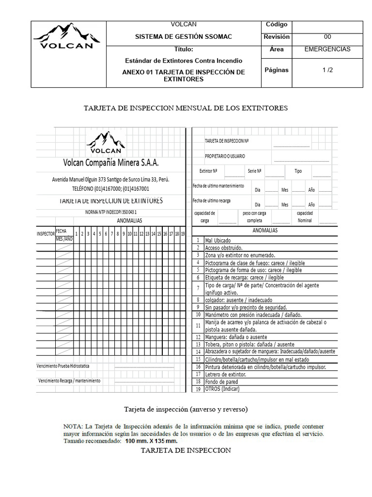Anexo 01 Tarjeta de Inspeccion de Extintores | Descargar gratis PDF ...