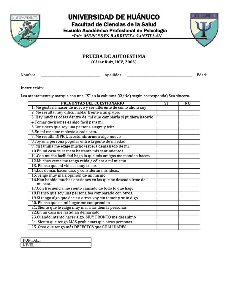 Prueba de Autoestima para Psicología | PDF