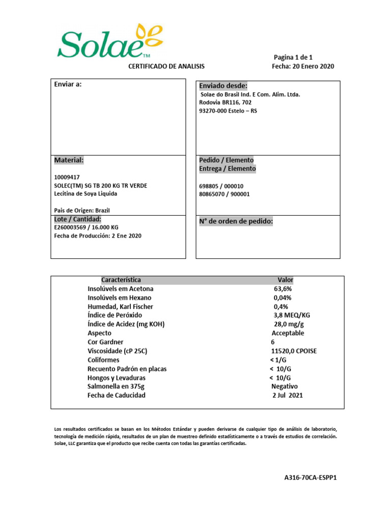 Lecitina de Soya SOLAE 3569 | PDF