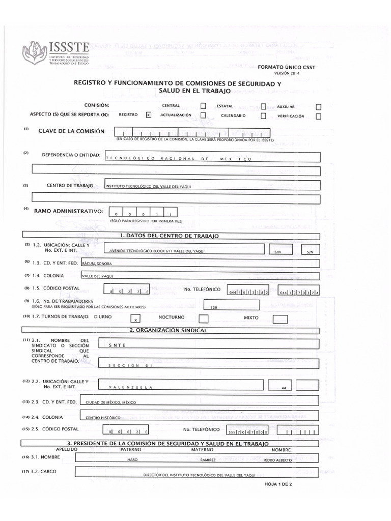 Formato Unico CSST Acta de Registro de Comision de Seguridad e Higiene ...