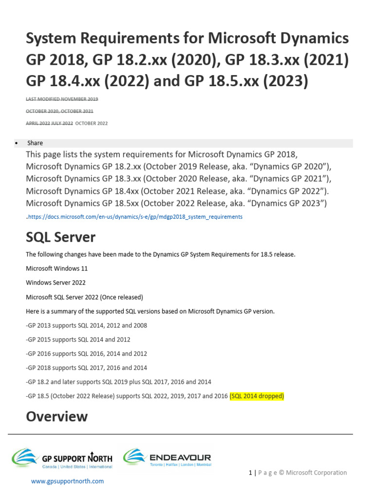 New System Requirements For Microsoft Dynamics GP 18.5 Oct 2022 | PDF ...