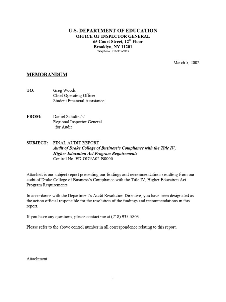 U S Department of Education: Office of Inspector General 65 Court U S Department of Education: Office of Inspector General 65 Court