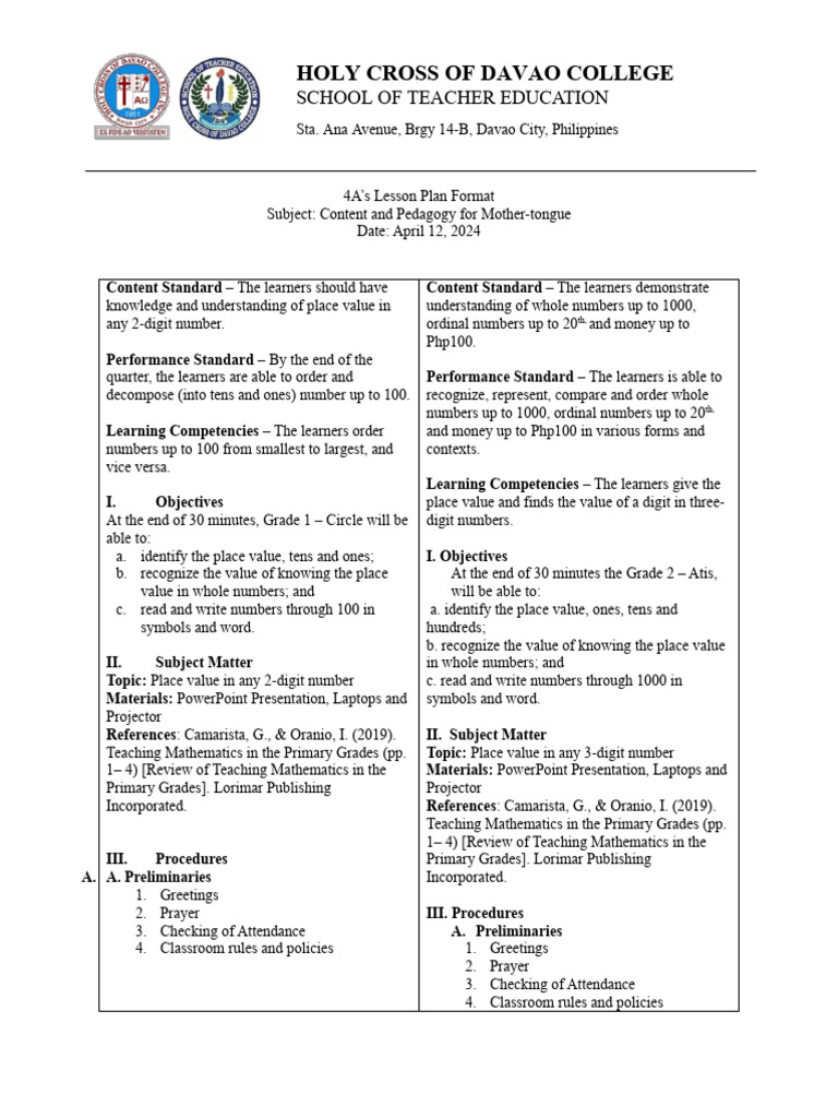 Grade 1-2 Place Value Lesson Plan | PDF | Learning | Lesson Plan