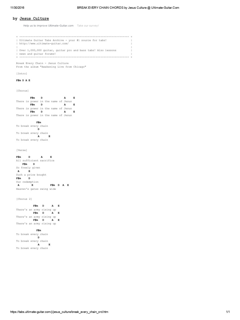 BREAK EVERY CHAIN CHORDS by Jesus Culture at UltimateGuitar PDF