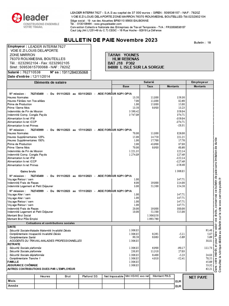 Bulletin de Paie Novembre 2023 | PDF | Impôt sur le revenu | Bulletin ...