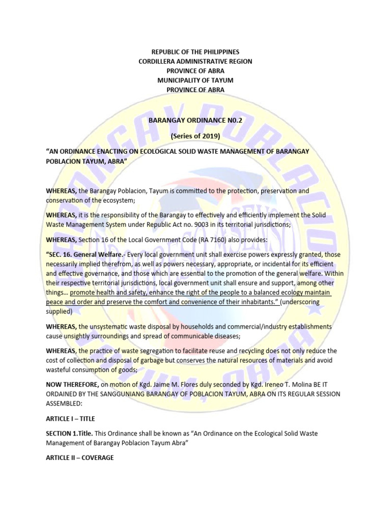 Brgy Waste Management Ordinance | PDF | Waste | Biodegradation