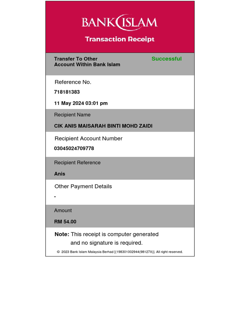 Bank Islam Transfer Receipt RM 54 | PDF