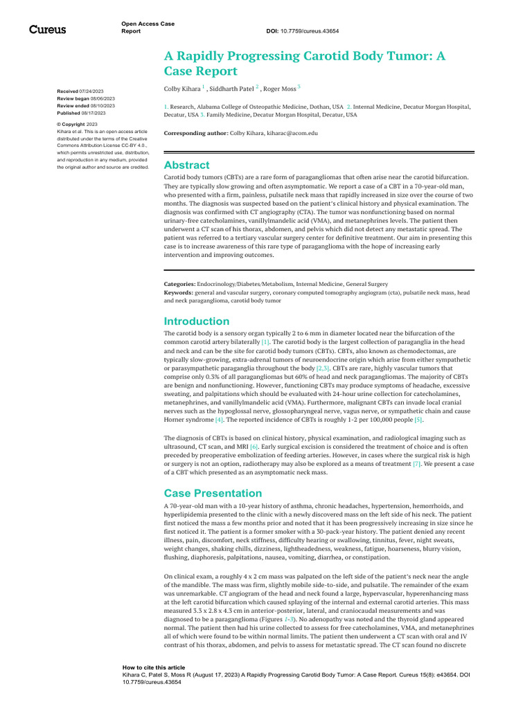 A Rapidly Progressing Carotid Body Tumor A Case Report | PDF | Medical ...