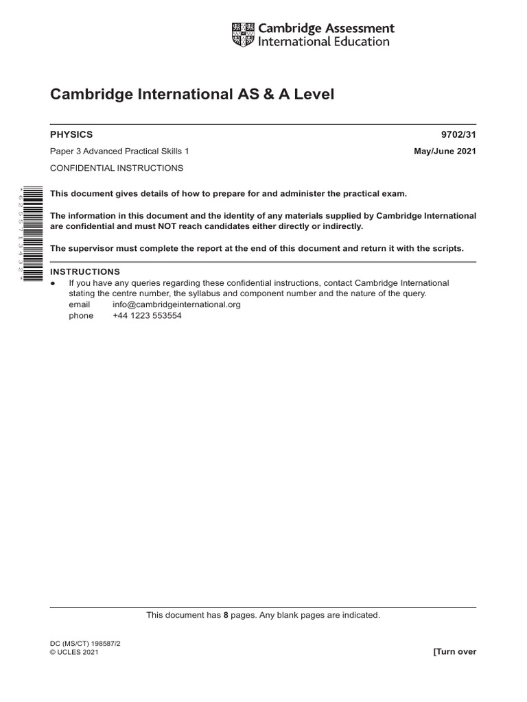 Cambridge International AS & A Level: PHYSICS 9702/31 | PDF