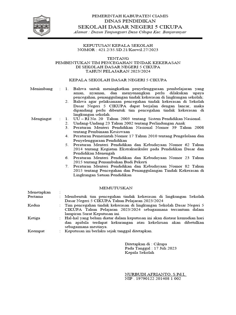 SK Tim Pencegahan Tindak Kekerasan Di Sekolah | PDF