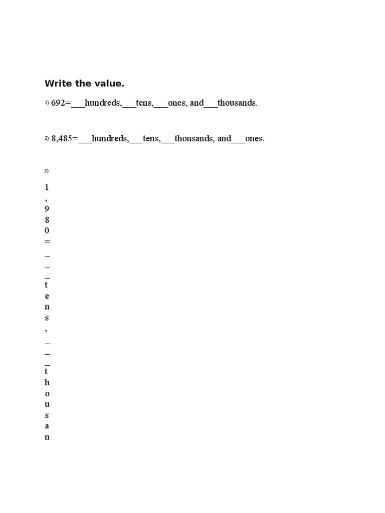 Write the Value of Numbers | PDF