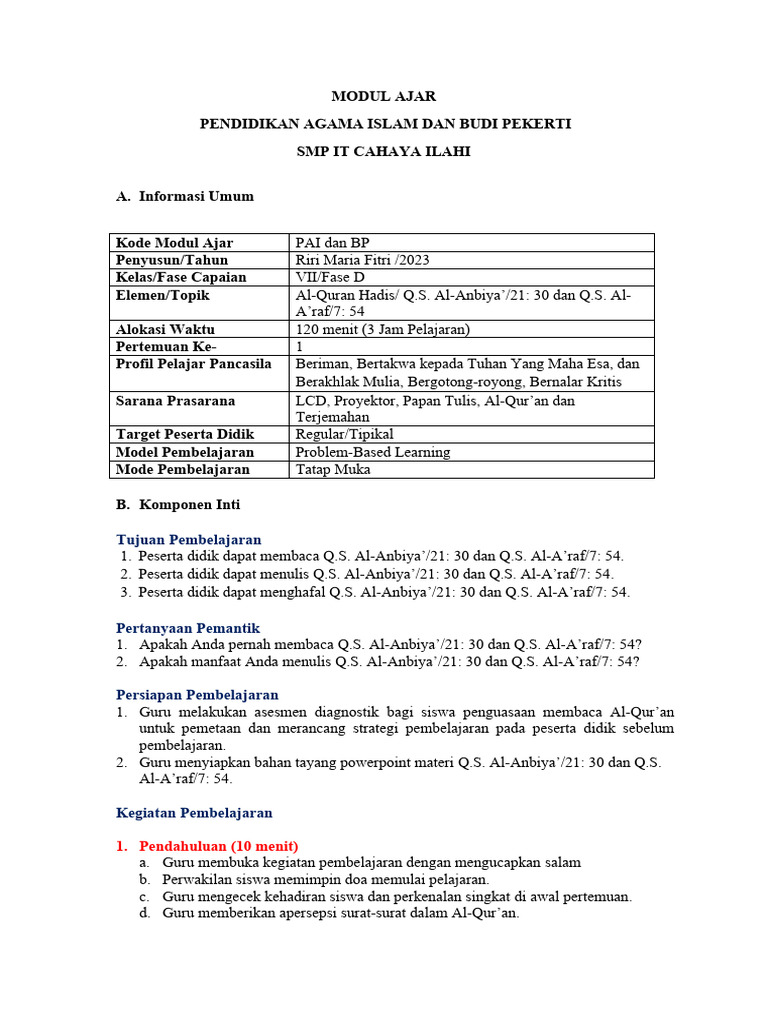 Modul Ajar PAI Kelas 7 Semester 2 | PDF | Karier & Perkembangan | Seni ...