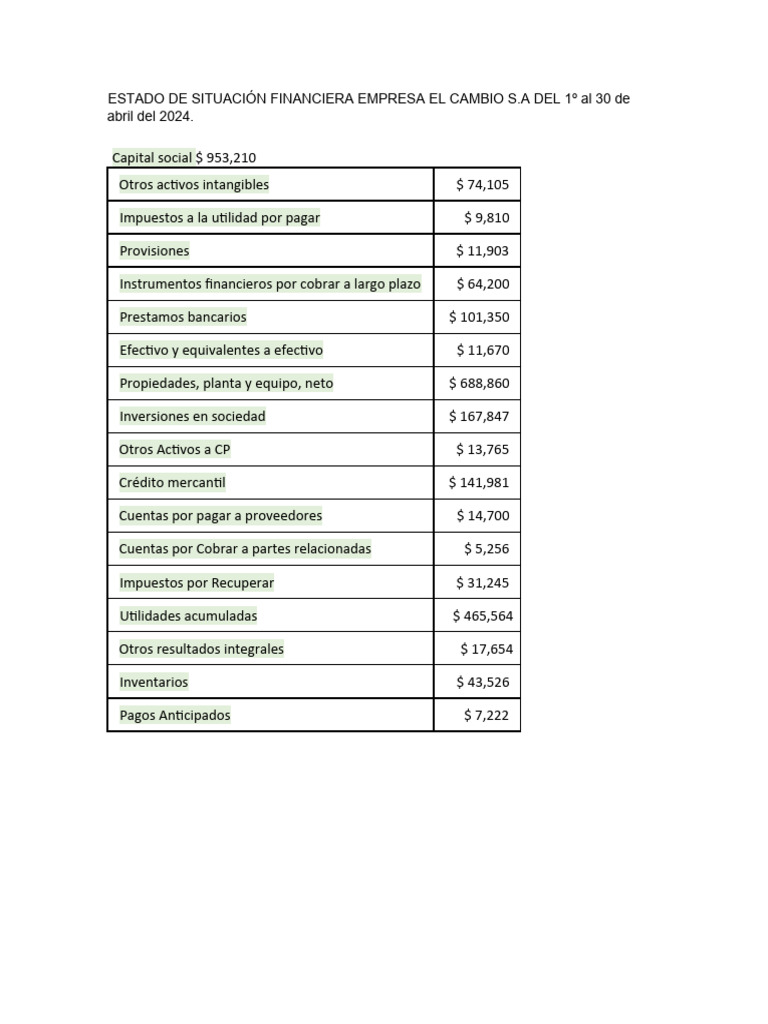 Ejercicio Estado de Situación Financiera | PDF | Finanzas y dinero