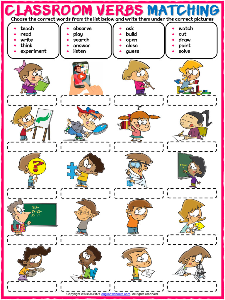 Classroom Verbs Vocabulary Esl Matching Exercise Worksheet For Kids | PDF