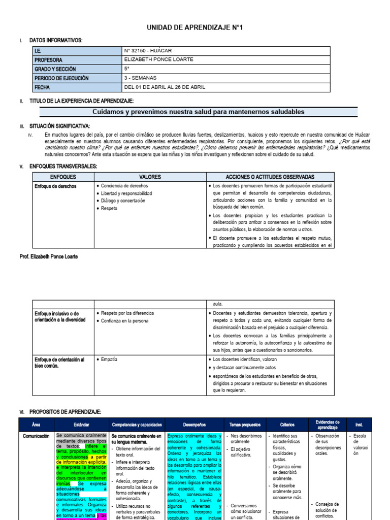 Unidad de Aprendizaje N°1 de 5to Grado de Primaria | PDF | Números ...
