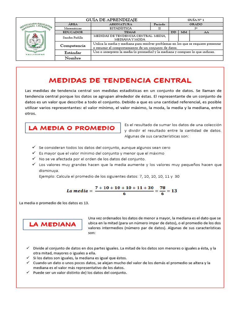 Medidas de Tendencia Central: Media, Mediana y Moda | PDF | Media | Mediana
