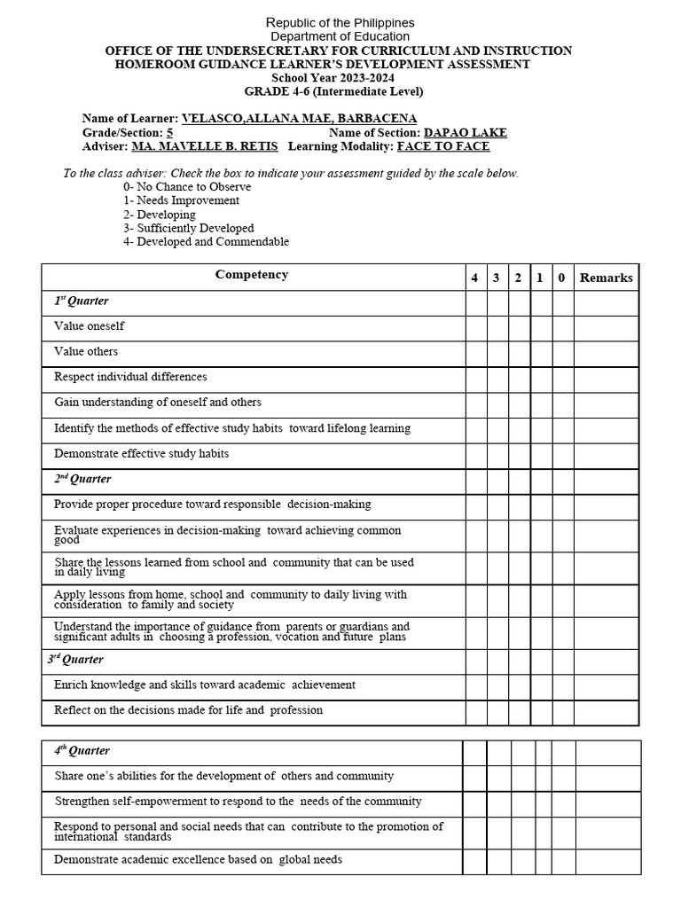 Grade 5 Homeroom Guidance Assessment | PDF