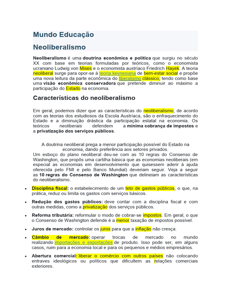 Entenda o Neoliberalismo e Suas Características | PDF | Neoliberalismo ...